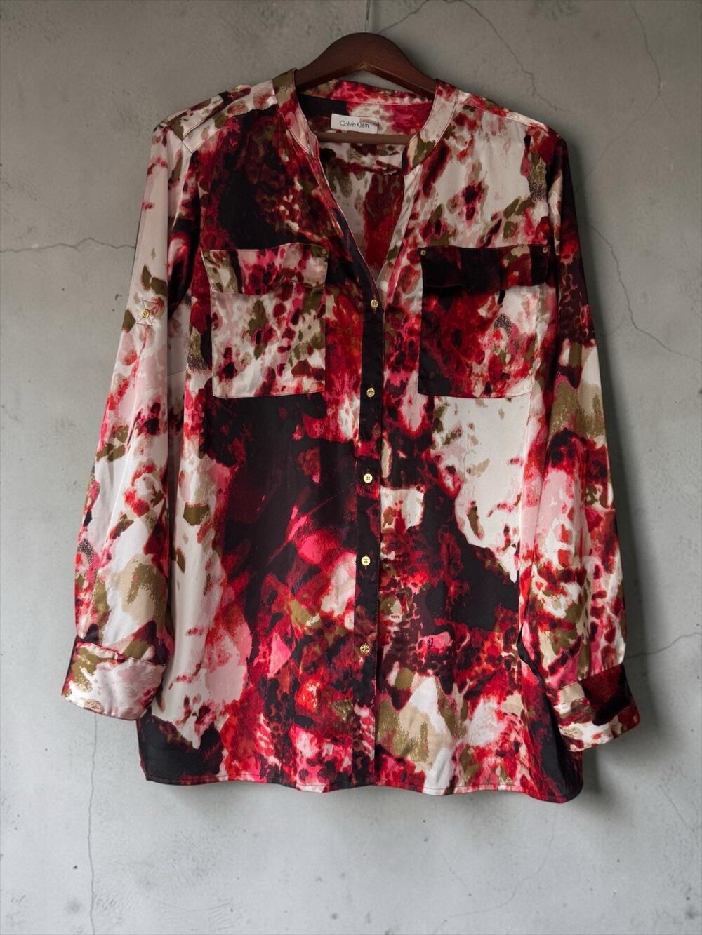 Calvin Klein Womens Abstract Multicolor Satin Button Front V-Neck Blouse Size 1X